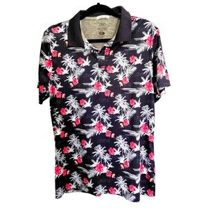 Legend Golf Mens Polo Sz M Extreme Stretch Fitted Hybiscus Tropical Navy Pink
